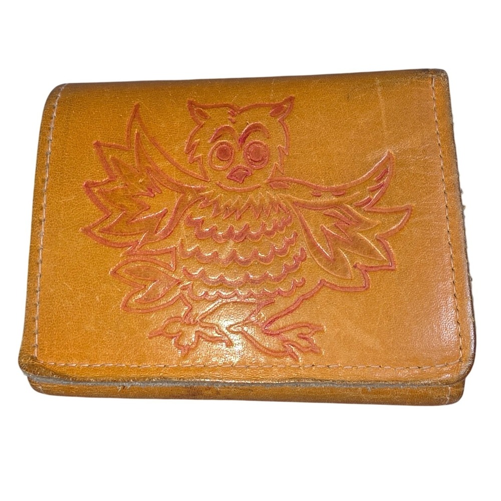 Vintage Hand Tooled Leather Owl Trifold Wallet Tan Compact Coin Pouch Boho Retro
